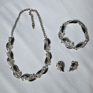 Rare *Full Set* Vintage Hallmark Silver-Tone & Black Leaf w Rhinestones